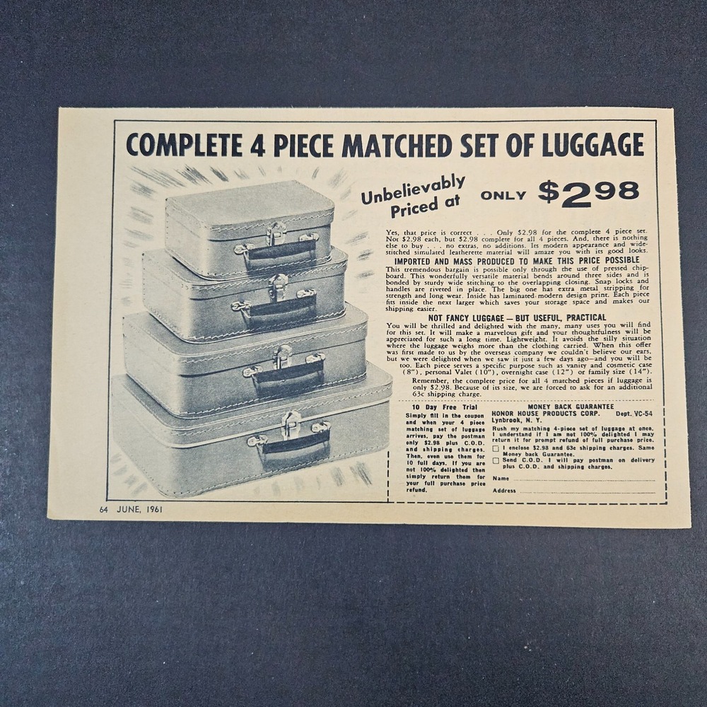 1961‎ Honor House Products 4-Pc Luggage Set Vintage Print Ad Lynbrook, NY Travel